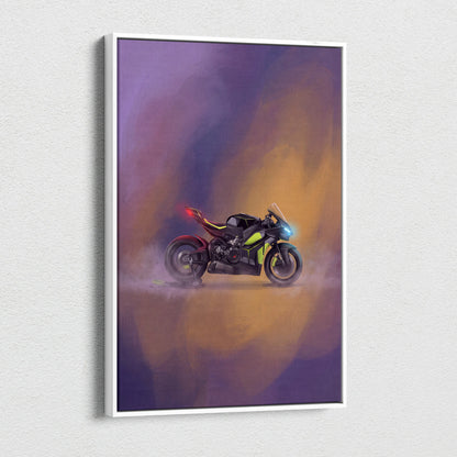 A sleek black and neon green ducati panigale v4 lamborghini inspired racing motorcycle artwork in white frame wall decor