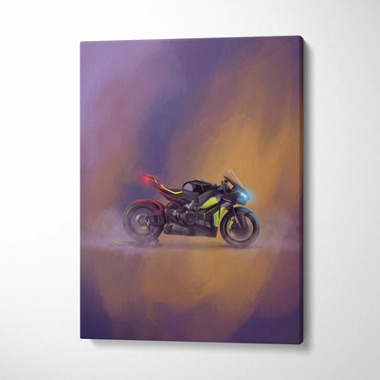 A sleek black and neon green Ducati Panigale V4 Lamborghini inspired supersport canvas print with glowing lights and smoky background