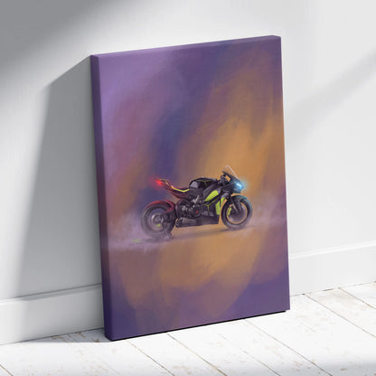 A vibrant canvas print of a black and neon green ducati panigale v4 with blue headlights on purple orange background