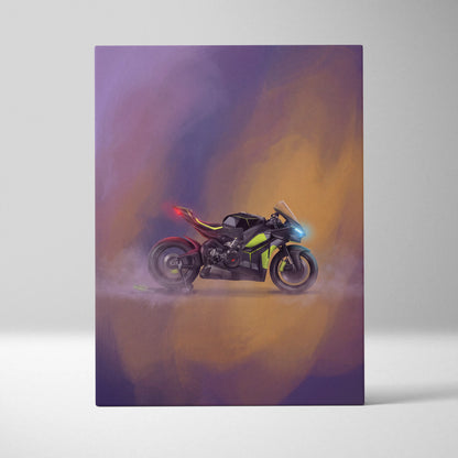 A sleek black and neon green ducati panigale v4 lamborghini inspired supersport motorcycle with glowing lights in dynamic pose