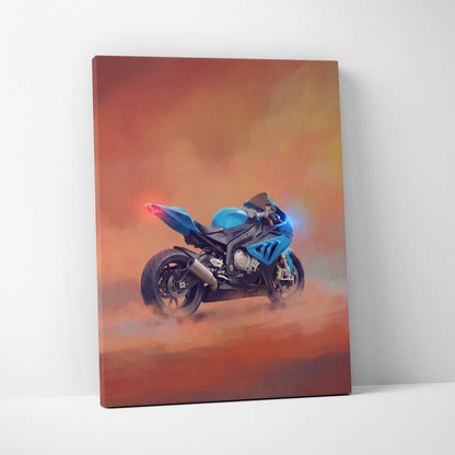 Blue and black bmw s1000rr inspired sport bike canvas print with glowing lights against fiery orange sky for garage decor