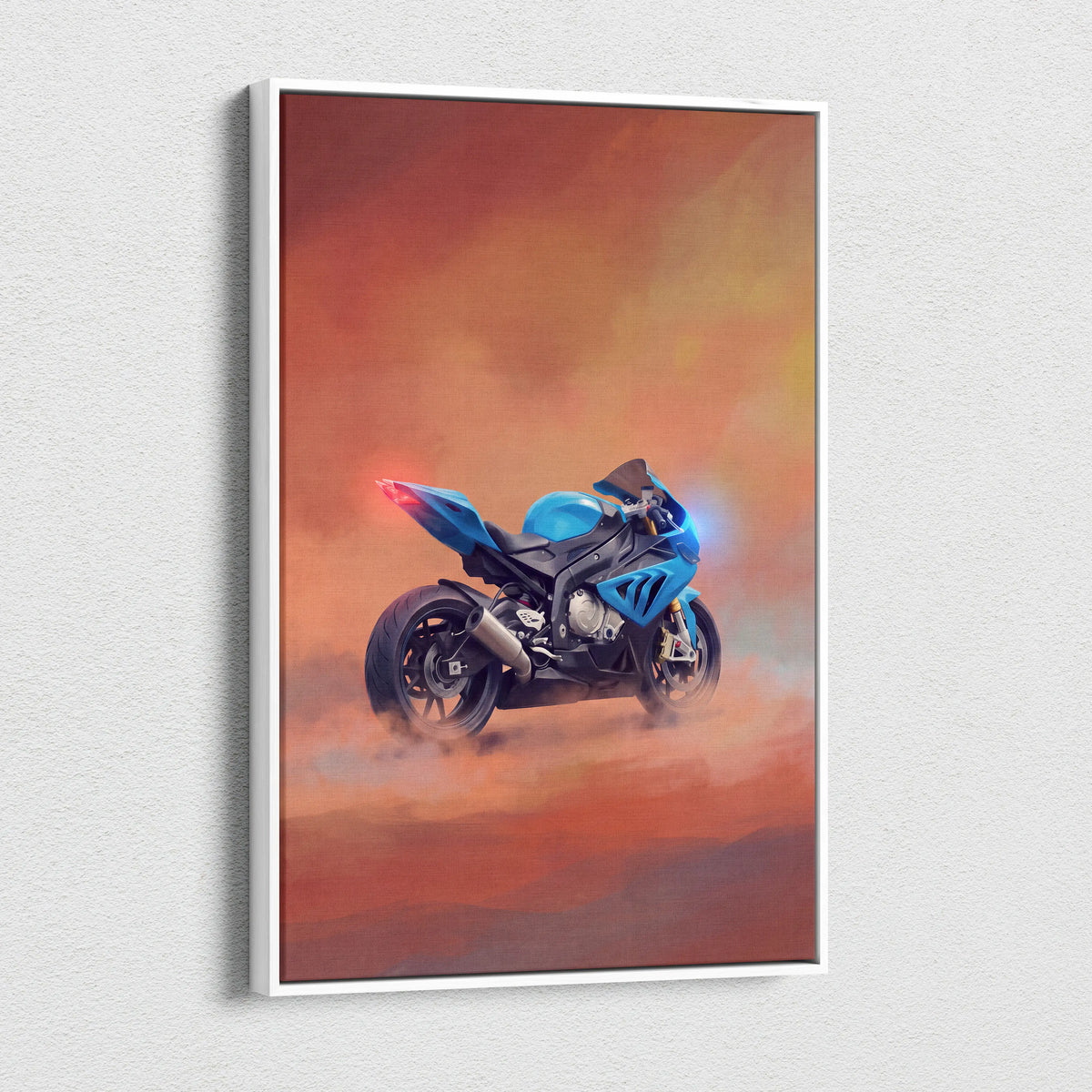Blue and black sport motorcycle artwork in a white frame bmw s1000rr inspired track racing canvas wall art