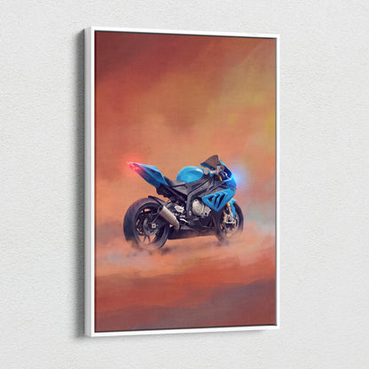 Blue and black sport motorcycle artwork in a white frame bmw s1000rr inspired track racing canvas wall art
