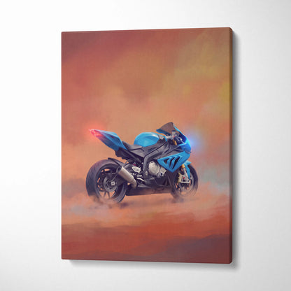 Blue and black bmw s1000rr inspired sport bike wall art with glowing accents against an orange sky on canvas