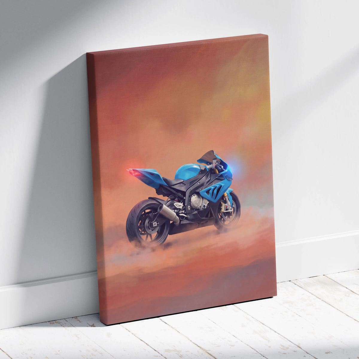 Blue sport motorcycle canvas print with glowing design against orange yellow sky for BMW S1000RR racing decor