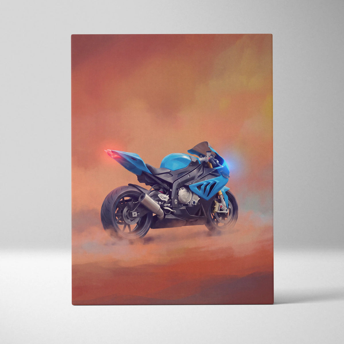 Blue and black sport motorcycle illustration on canvas featuring bmw s1000rr inspired superbike wall art for garage decor