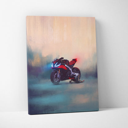 Red and black Aprilia RSV4 inspired sport motorcycle canvas art with glowing blue headlights for racing enthusiasts