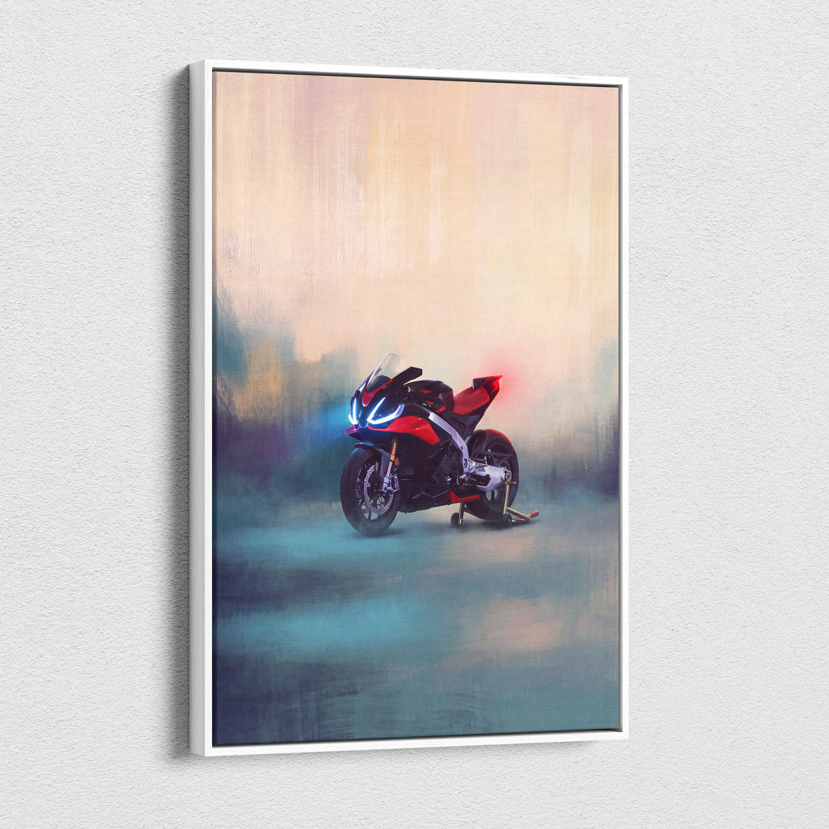 A framed canvas artwork of a red and black Aprilia RSV4 sport motorcycle with glowing blue headlights on a misty background