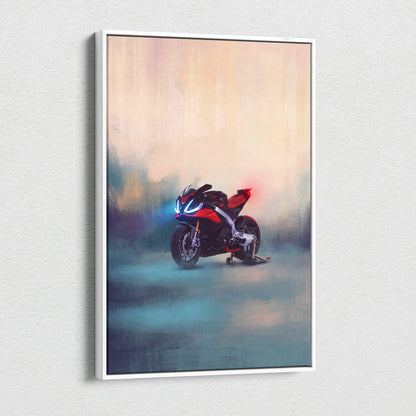 A framed canvas artwork of a red and black Aprilia RSV4 sport motorcycle with glowing blue headlights on a misty background