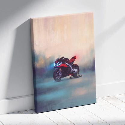 Aprilia RSV4 inspired red and black sport motorcycle canvas print with glowing blue headlights for racing enthusiasts
