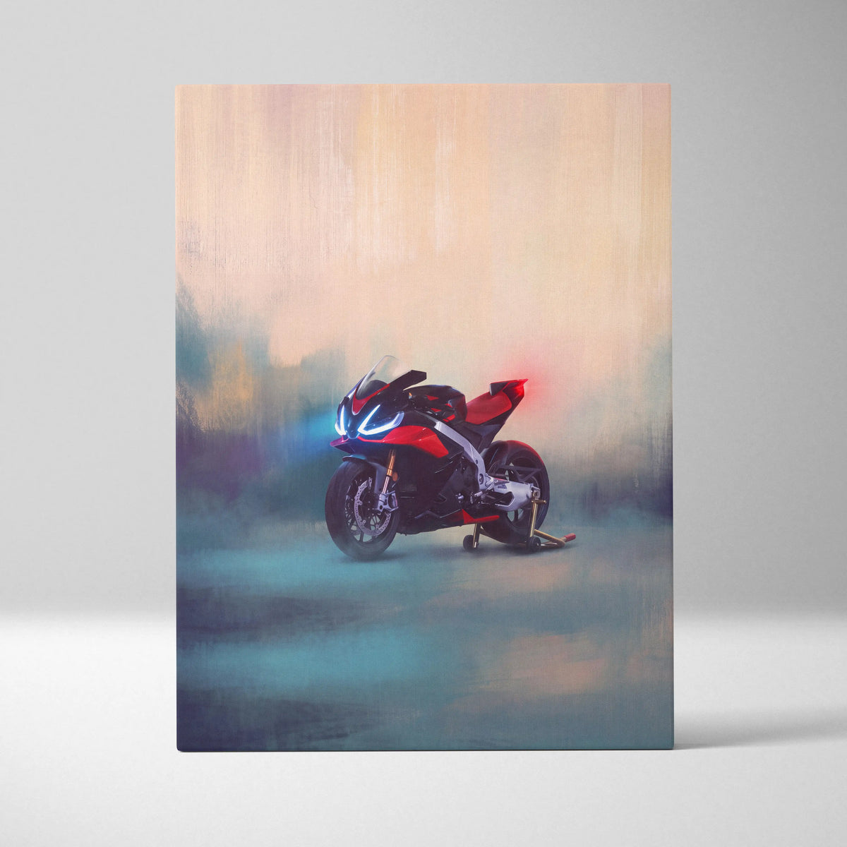 Aprilia rsv4 inspired motorcycle wall art featuring a red and black sport bike with glowing blue headlights in stylized painting
