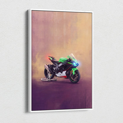Kawasaki Ninja ZX10R Inspired Sport Bike Wall Art, Track Racing Canvas Print & Superbike Garage Decor
