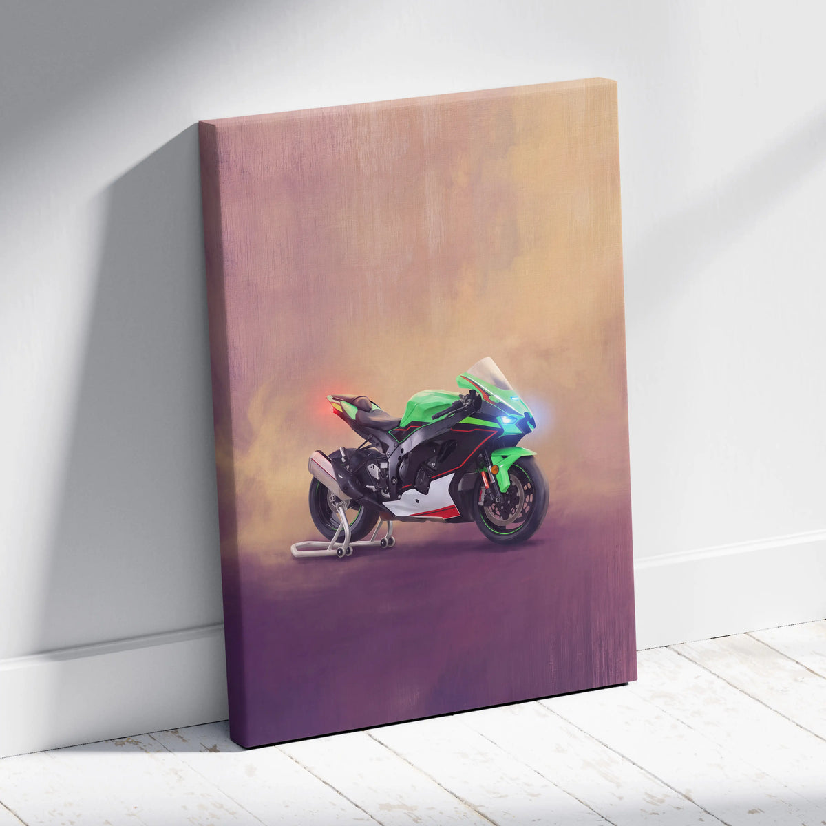 Kawasaki Ninja ZX10R Inspired Sport Bike Wall Art, Track Racing Canvas Print & Superbike Garage Decor