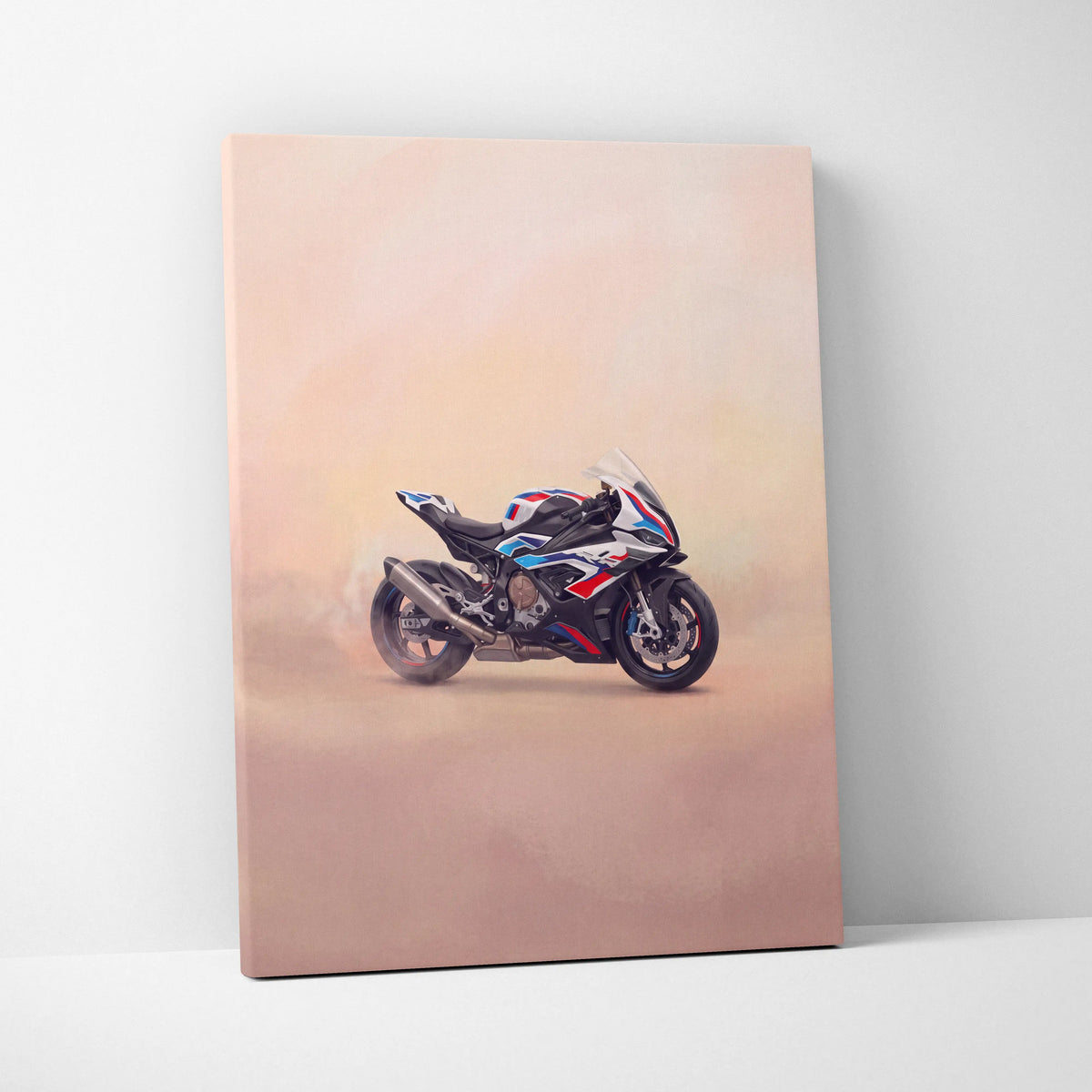 A canvas print featuring a sleek bmw s1000rr motorcycle with white blue and red racing livery for garage decor