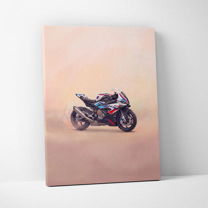 A canvas print featuring a sleek bmw s1000rr motorcycle with white blue and red racing livery for garage decor