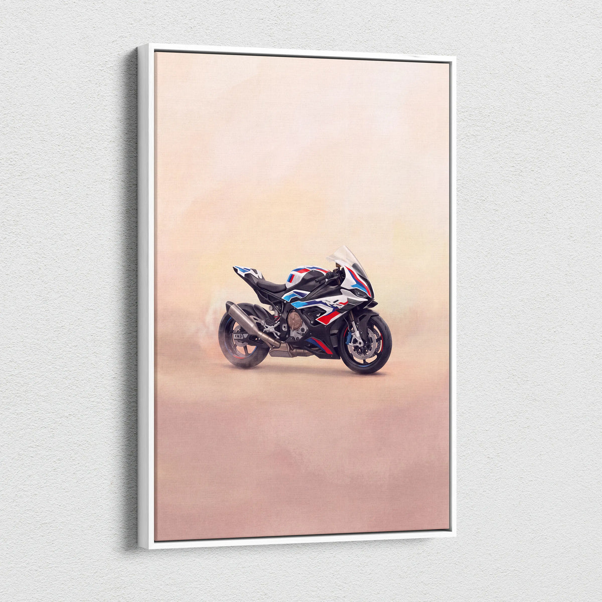 A framed supersport canvas print of a sleek black white and red BMW S1000RR motorcycle for garage decor