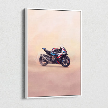 A framed supersport canvas print of a sleek black white and red BMW S1000RR motorcycle for garage decor