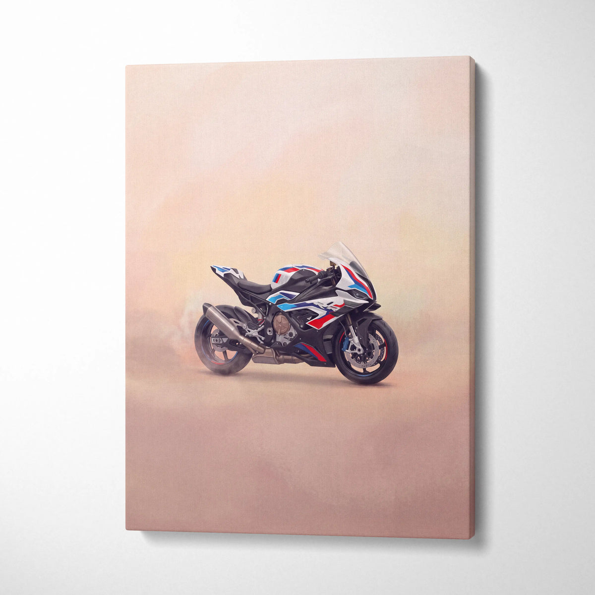 A sleek black white and red bmw s1000rr inspired supersport canvas print with dynamic racing stripes for garage decor