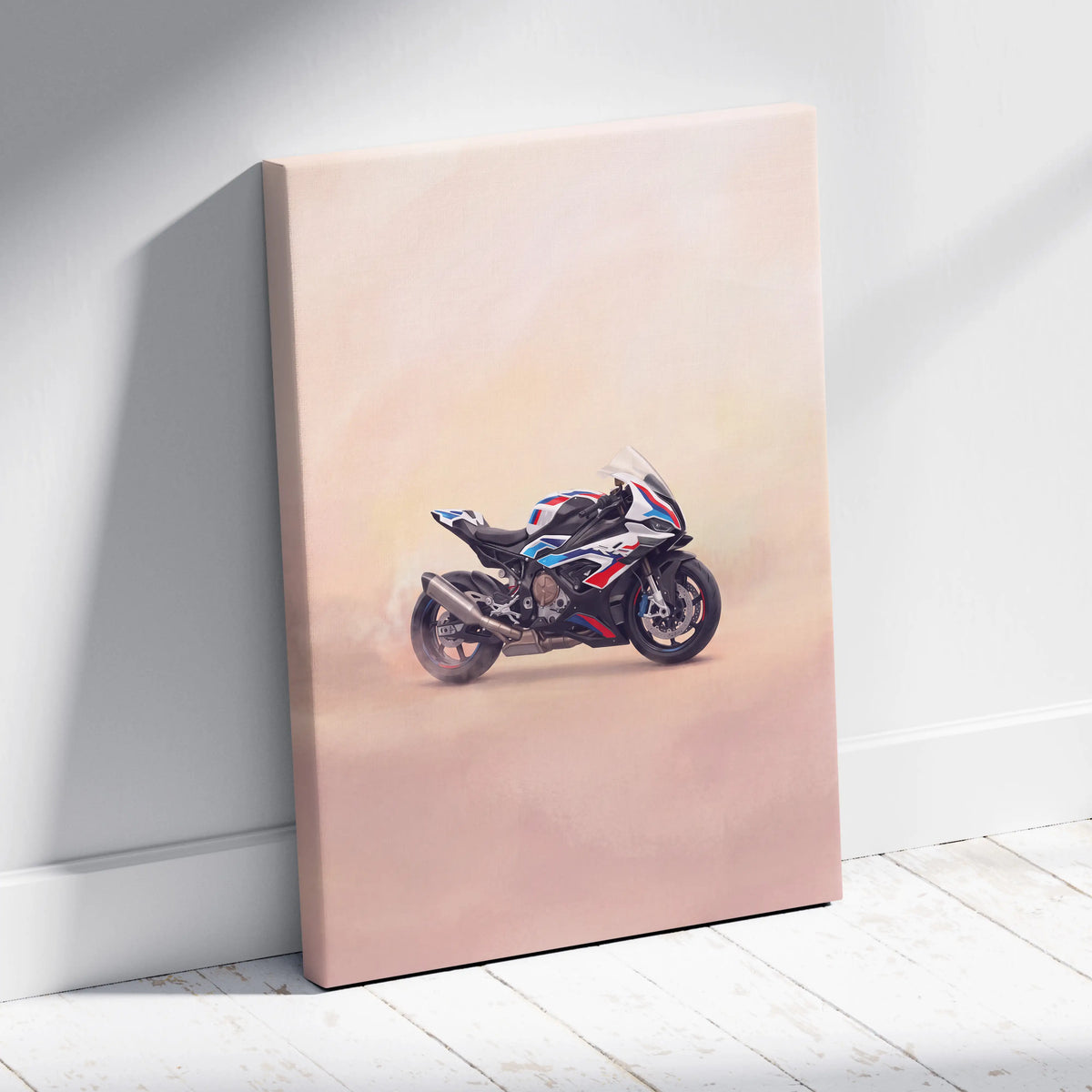 A canvas print of a sleek black red bmw s1000rr motorcycle with blue accents for superbike wall art and garage decor