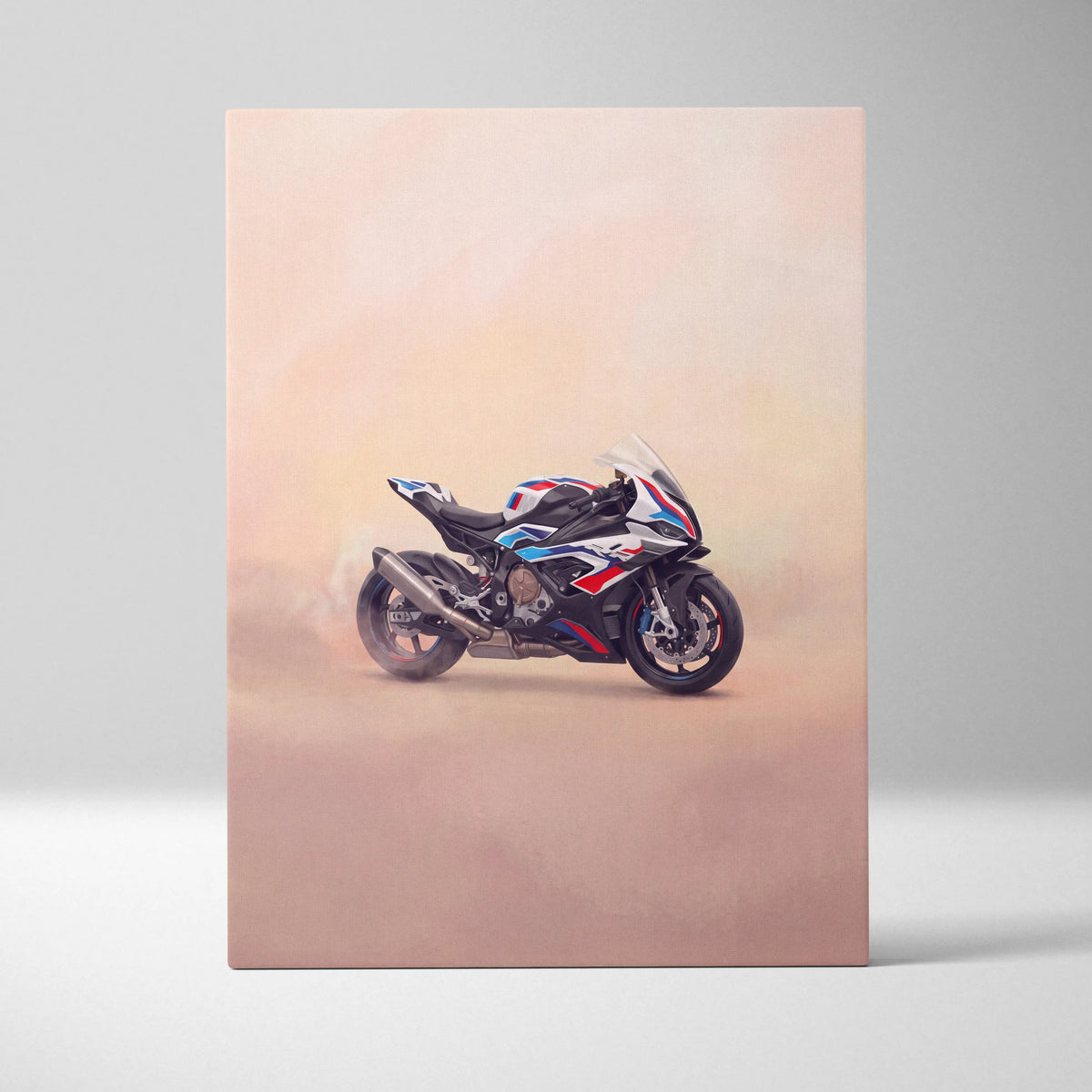 A sleek white blue and red bmw s1000rr inspired supersport motorcycle canvas print for garage decor