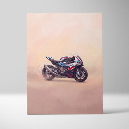 A sleek white blue and red bmw s1000rr inspired supersport motorcycle canvas print for garage decor