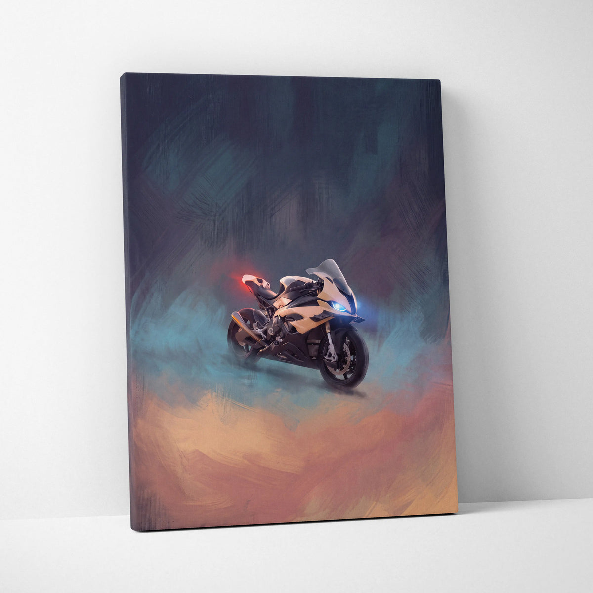 A sleek black and white BMW S1000RR inspired sport motorcycle canvas print with glowing blue headlights and red taillight