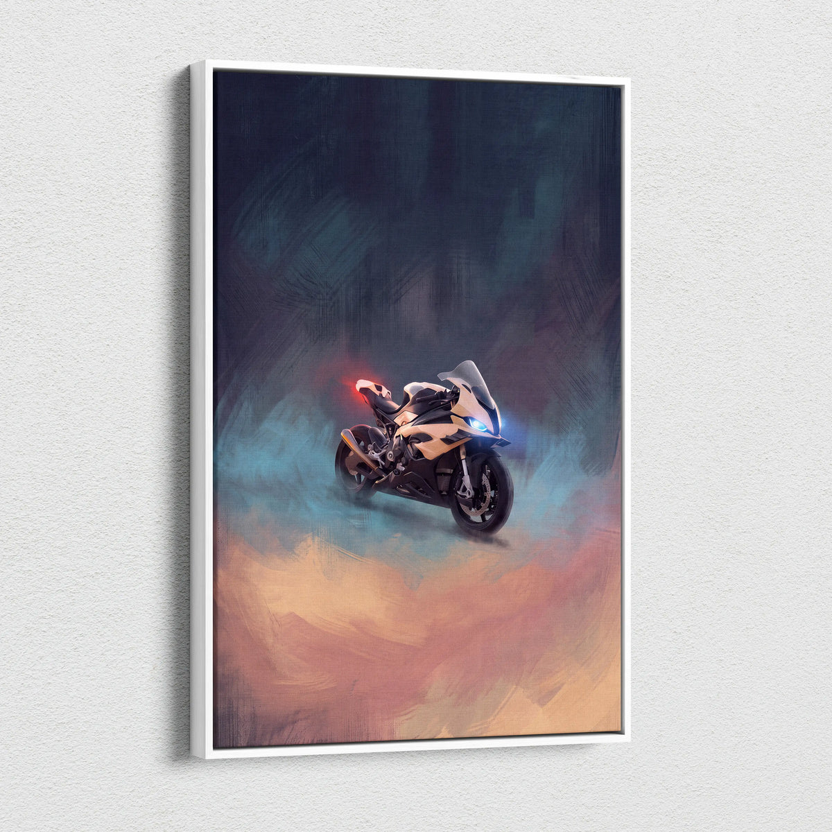 A framed BMW S1000RR inspired motorcycle wall art with glowing blue and red lights on a purple and orange canvas print