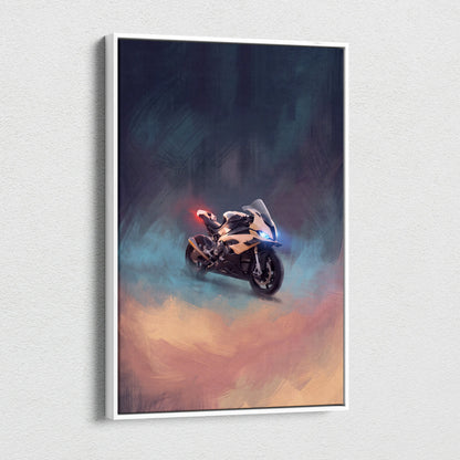 A framed BMW S1000RR inspired motorcycle wall art with glowing blue and red lights on a purple and orange canvas print