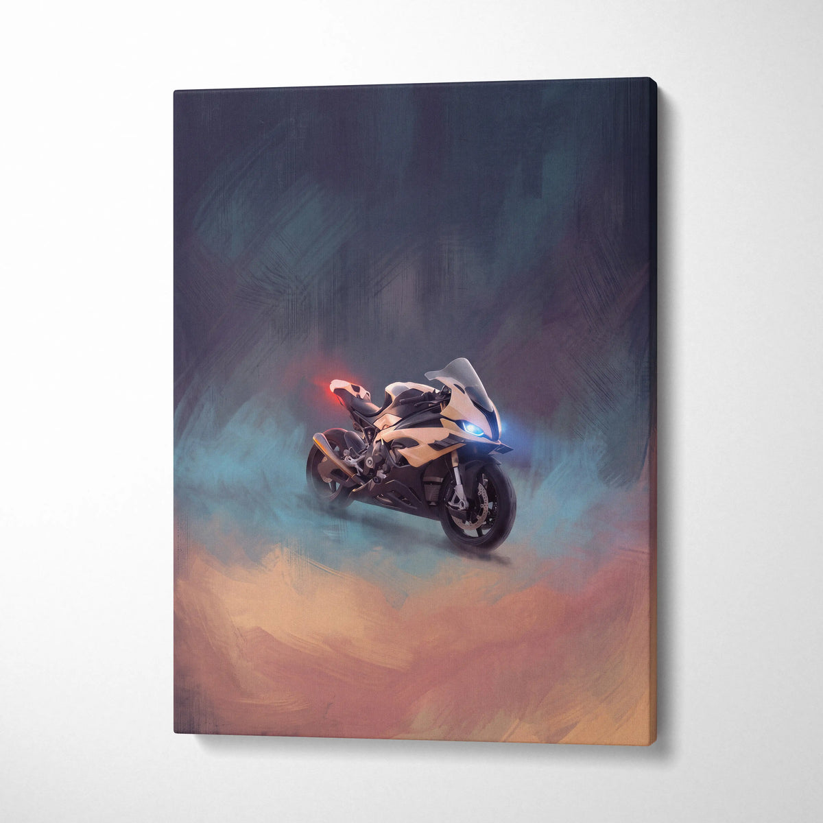 A sleek bmw s1000rr inspired motorcycle wall art canvas print featuring glowing blue and red lights on smoky background
