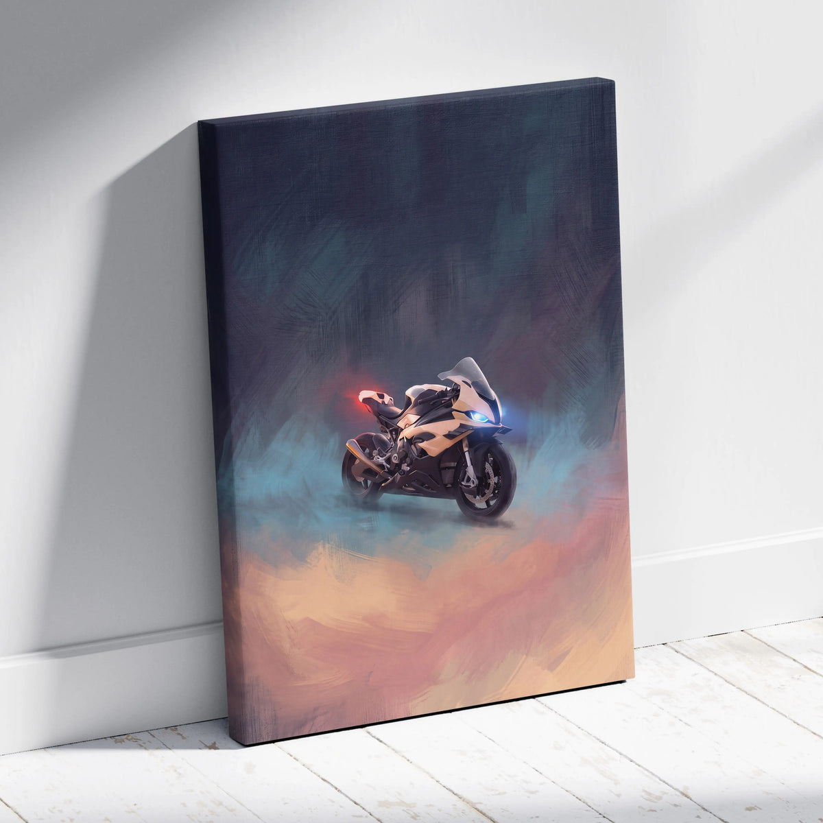 A sleek BMW S1000RR inspired motorcycle canvas print with glowing blue and red lights on a smoky background wall art
