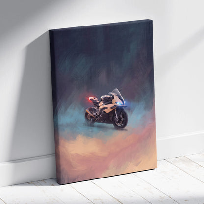 A sleek BMW S1000RR inspired motorcycle canvas print with glowing blue and red lights on a smoky background wall art
