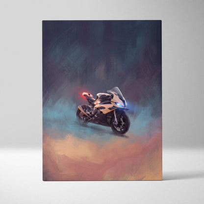A sleek BMW S1000RR inspired supersport motorcycle wall art with glowing blue and red lights on canvas print