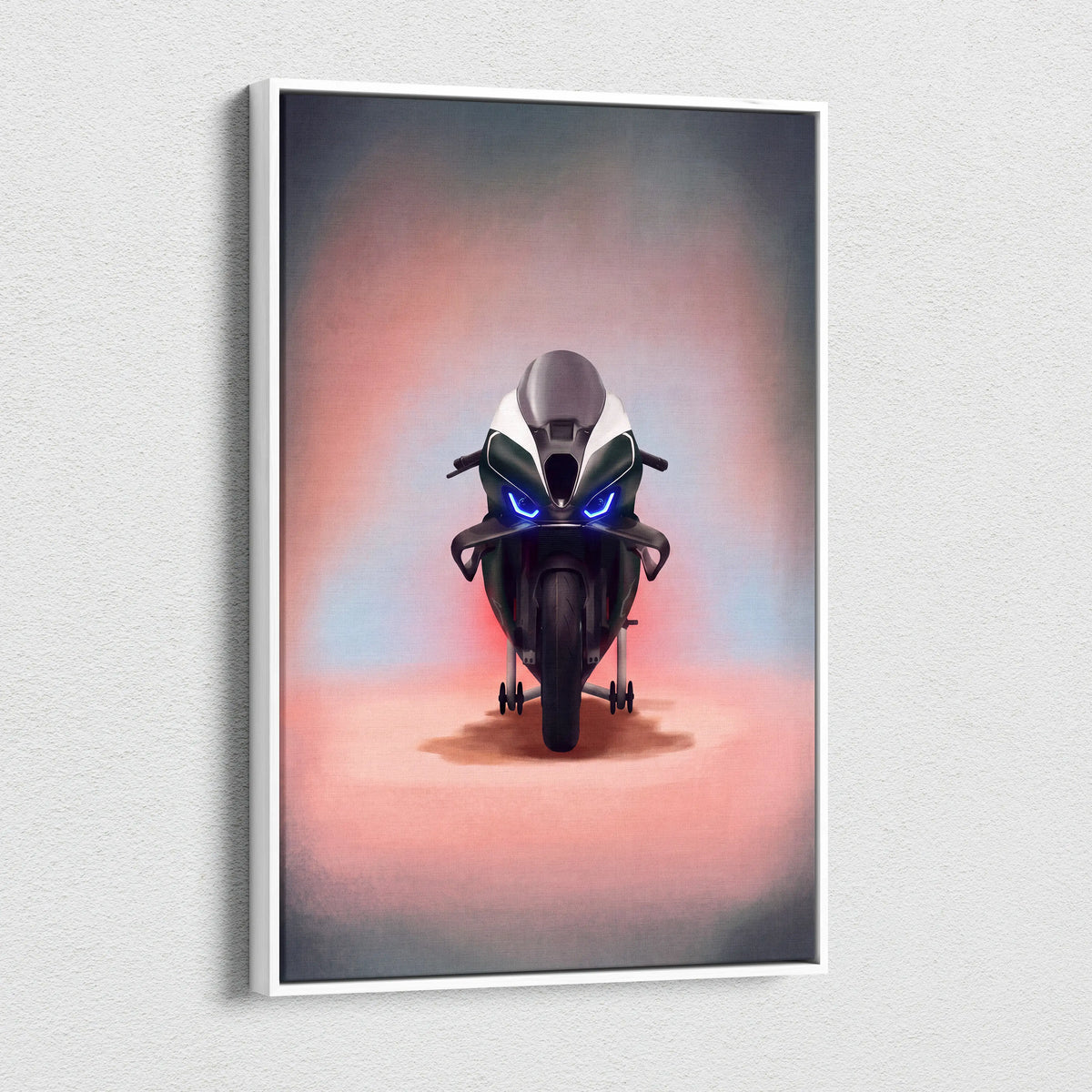 A sleek black and white BMW M1000RR motorcycle wall art with glowing blue headlights in a minimalist white frame