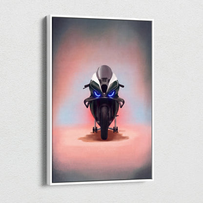 A sleek black and white BMW M1000RR motorcycle wall art with glowing blue headlights in a minimalist white frame