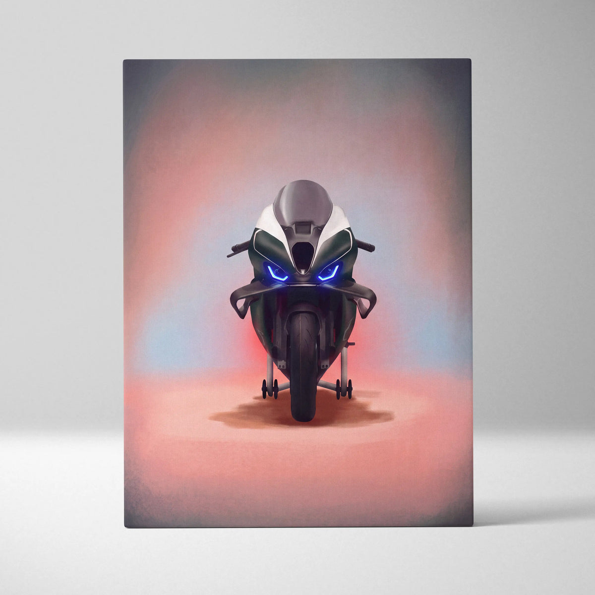 Bmw m1000rr isle of man tt edition inspired motorcycle wall art featuring a sleek black-and-white sport bike with glowing blue headlights