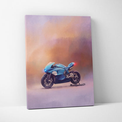 Bugatti concept bike inspired supersport canvas print featuring a blue racing motorcycle with glowing red tail light