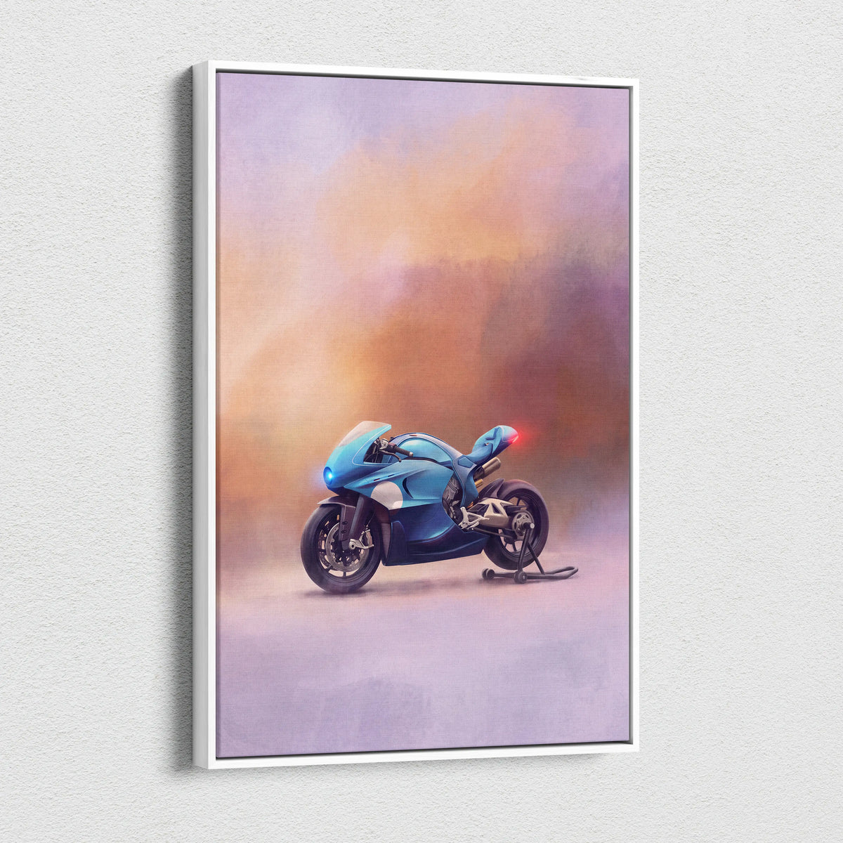 Blue sport motorcycle illustration in a white frame bugatti concept bike inspired supersport wall art for garage decor