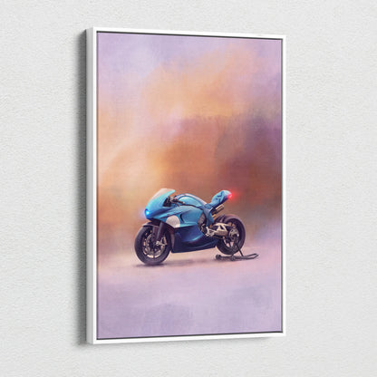 Blue sport motorcycle illustration in a white frame bugatti concept bike inspired supersport wall art for garage decor