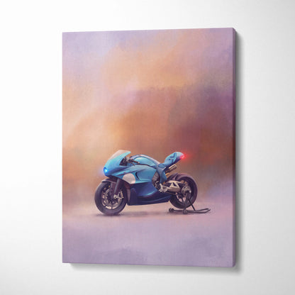 A vibrant blue sport motorcycle painterly canvas print inspired by bugatti concept bike for garage decor