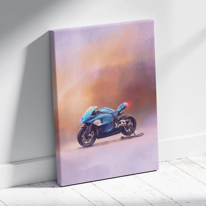 Blue sport motorcycle canvas print with sleek aerodynamic design and glowing red tail light for garage decor
