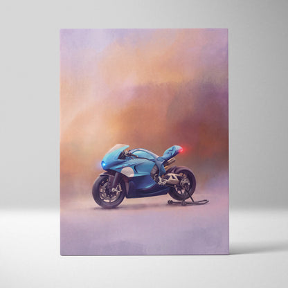 A sleek blue bugatti concept bike inspired supersport wall art with glossy finish on canvas for garage decor