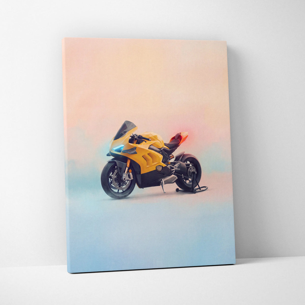 Yellow and black ducati panigale v4 superbike printed on canvas for italian garage decor and poster art