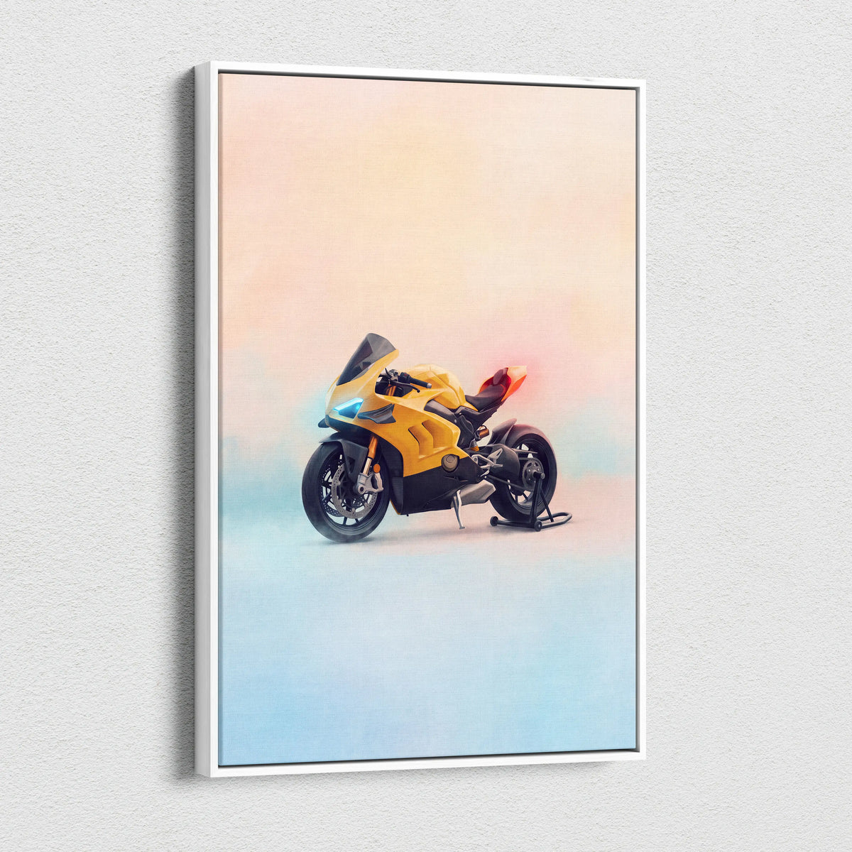 Yellow and black ducati panigale v4 inspired canvas art in a white frame italian garage decor poster