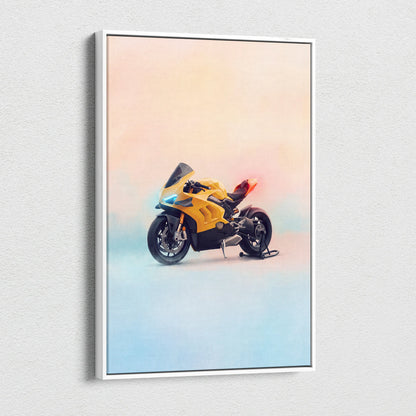 Yellow and black ducati panigale v4 inspired canvas art in a white frame italian garage decor poster