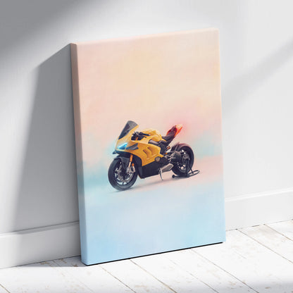 Yellow and black ducati panigale v4 inspired sport motorcycle printed on canvas wall art for italian garage decor