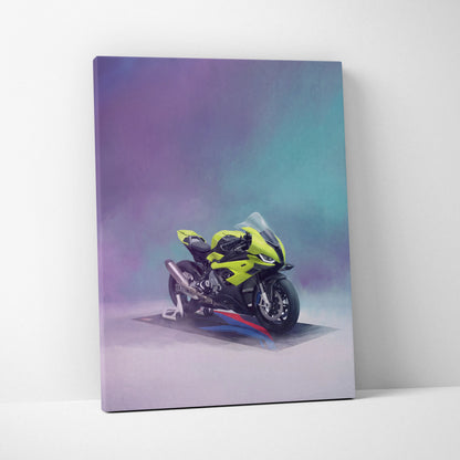 Vibrant lime green and black sport motorcycle canvas print inspired by BMW S1000RR for modern garage decor