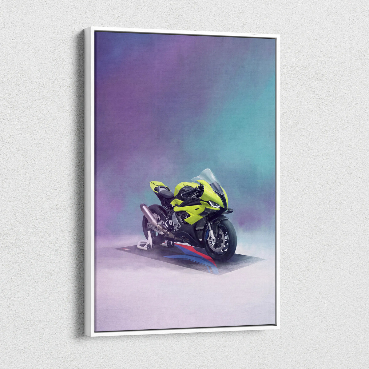 Vibrant lime green and black bmw s1000rr inspired sport bike wall art in a white frame for modern garage decor