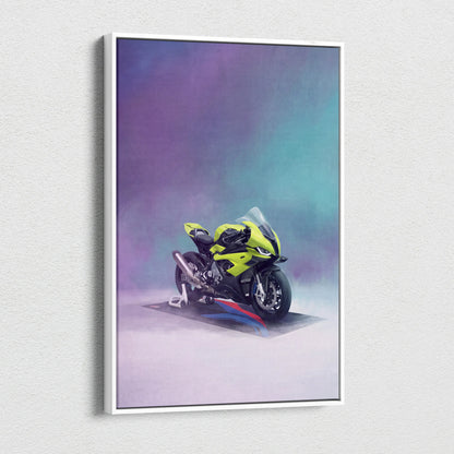 Vibrant lime green and black bmw s1000rr inspired sport bike wall art in a white frame for modern garage decor