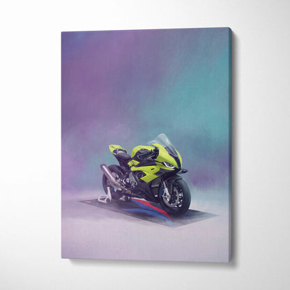 Vibrant lime green and black bmw s1000rr inspired sport bike canvas print with purple teal gradient background modern garage decor