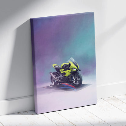BMW S1000RR inspired sport bike wall art featuring vibrant lime green and black motorcycle on stretched canvas with purple teal background